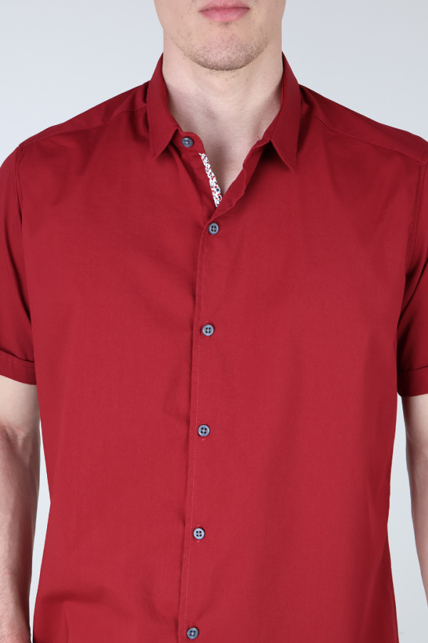 Camisa Básica Roja Slim Fit Hombre Manga Corta Lisa Casual